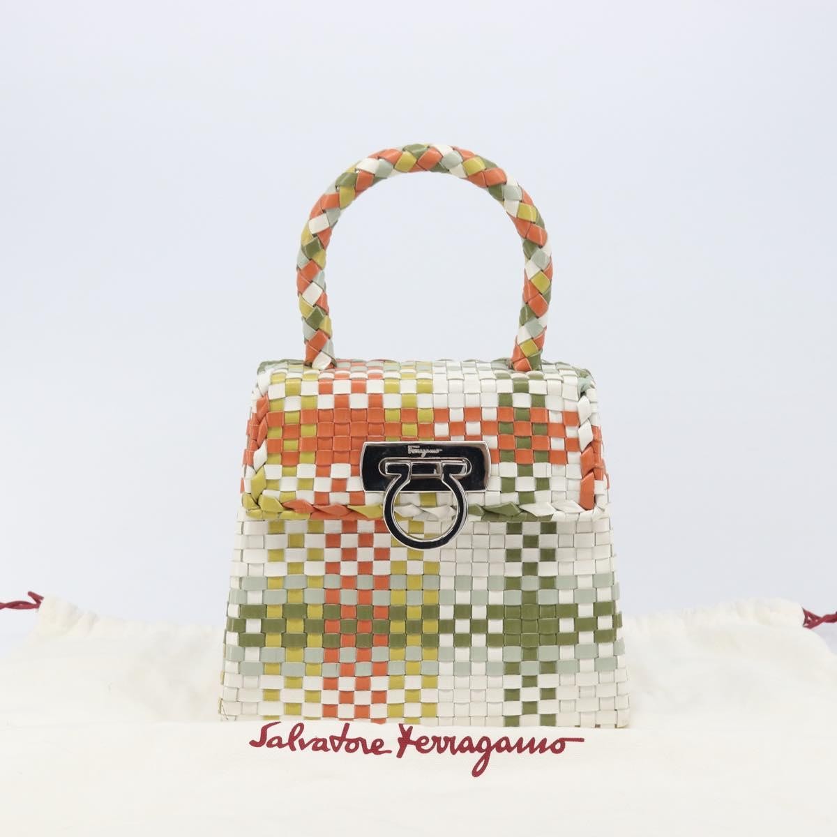 Salvatore Ferragamo Gancini Top Handle Woven Leather, Multicolour, Leather, Handbag