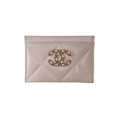 Chanel 19 Card Holder Quilted Iridescent Calfskin, White, Calfskin, Card Holder