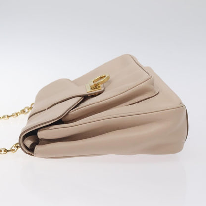 Salvatore Ferragamo Chain Gancini Jacquard with Studded Leather, Beige, Leather, Shoulder Bag