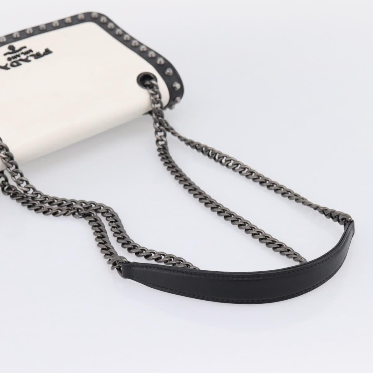 Prada Chain Flap Studded Glace Calf, White, Leather, Shoulder Bag