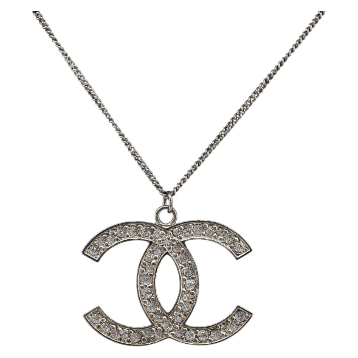 Chanel CC Pendant Metal with Crystals, Silver, Metal, Necklace