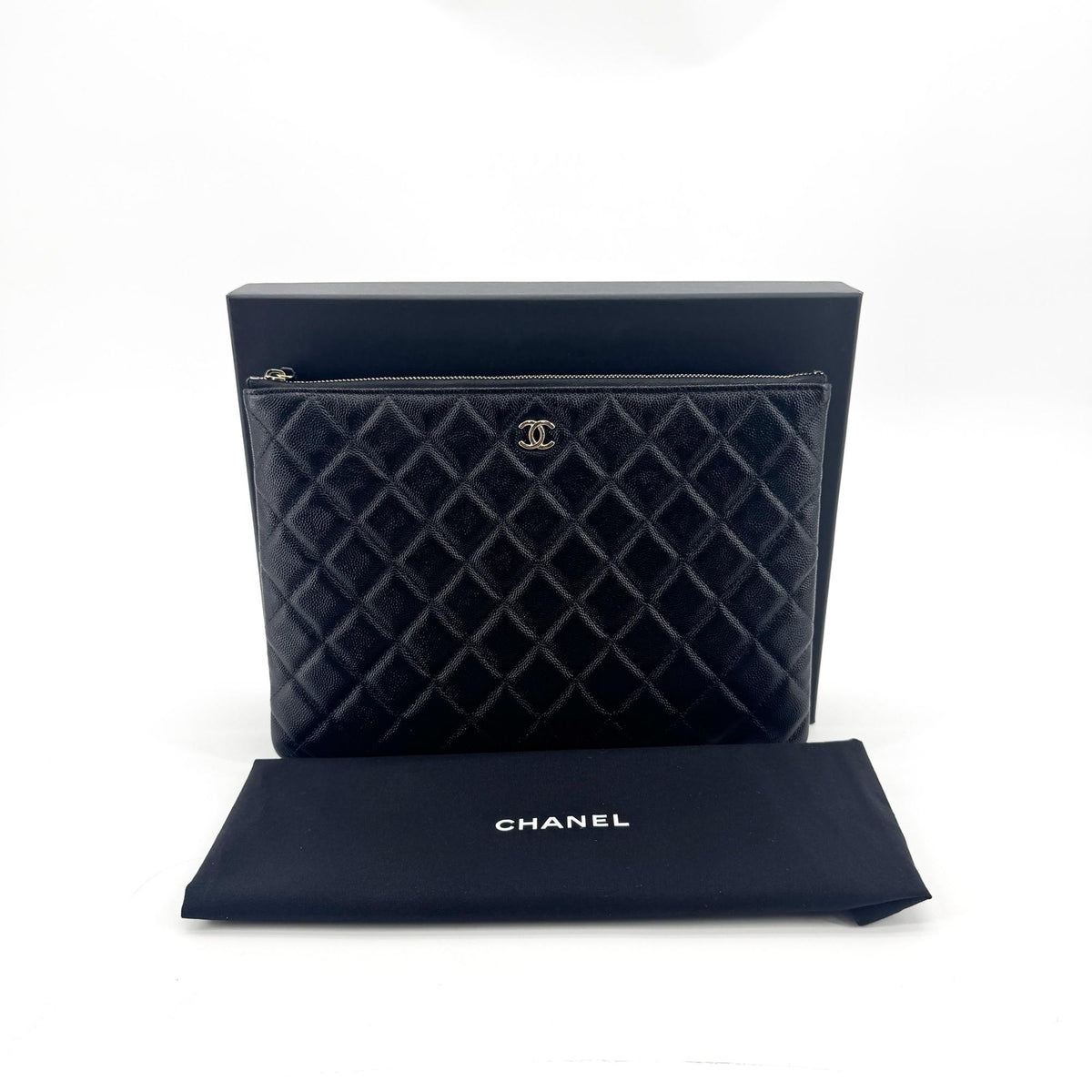 Chanel O Case Clutch Quilted Caviar, Black, Leather, Clutch