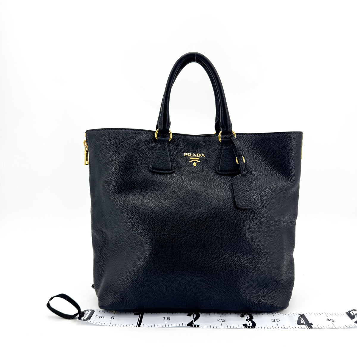 Prada Side Zip Convertible Vitello Daino, Black, Leather, Tote Bag