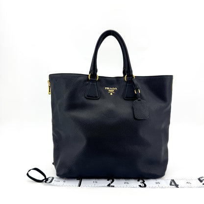 Prada Side Zip Convertible Vitello Daino, Black, Leather, Tote Bag