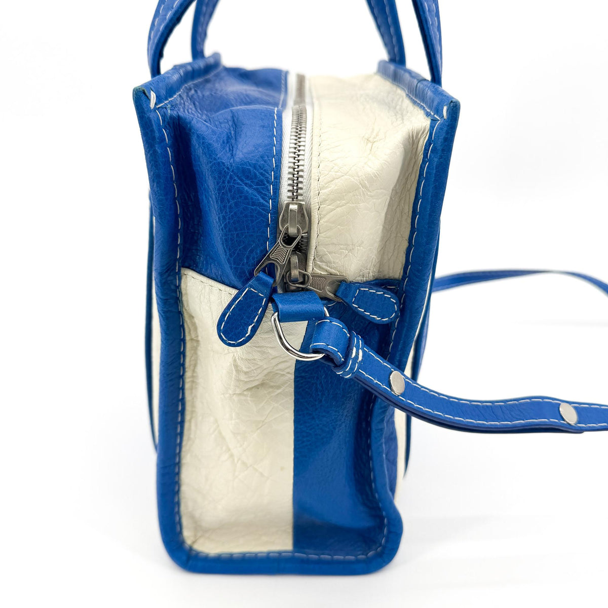 Balenciaga Bazar Striped Leather, Blue, Leather, Tote Bag