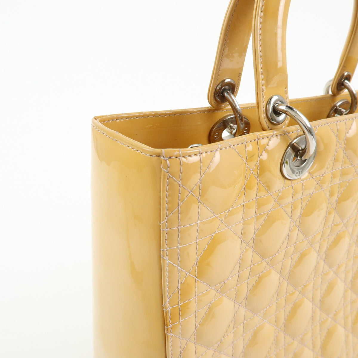 Christian Dior Vintage Lady Dior Cannage Quilt Patent, Yellow, Patent Leather, Handbag