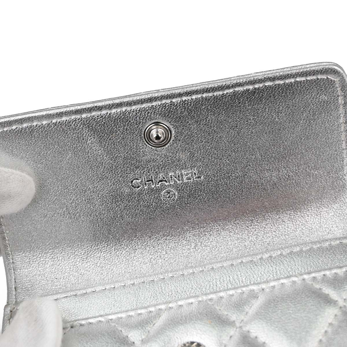 Chanel CC Flap Card Case Quilted Lambskin, Silver, Leather, Card Holder