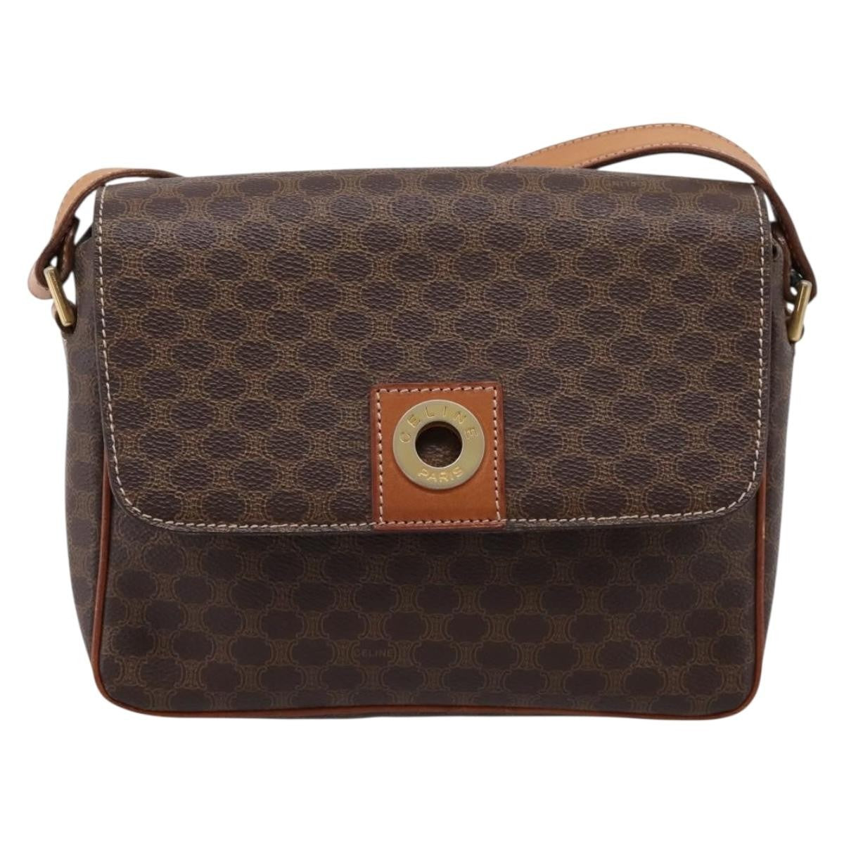 Celine Vintage Macadam Circle Logo Canvas and Leather, Brown, Canvas, Shoulder Bag