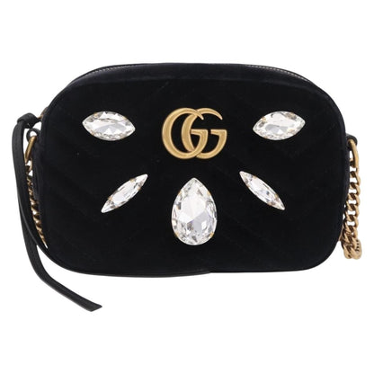 Gucci GG Marmont Crystal Embellished Matelasse Velvet, Black, Velvet, Shoulder Bag