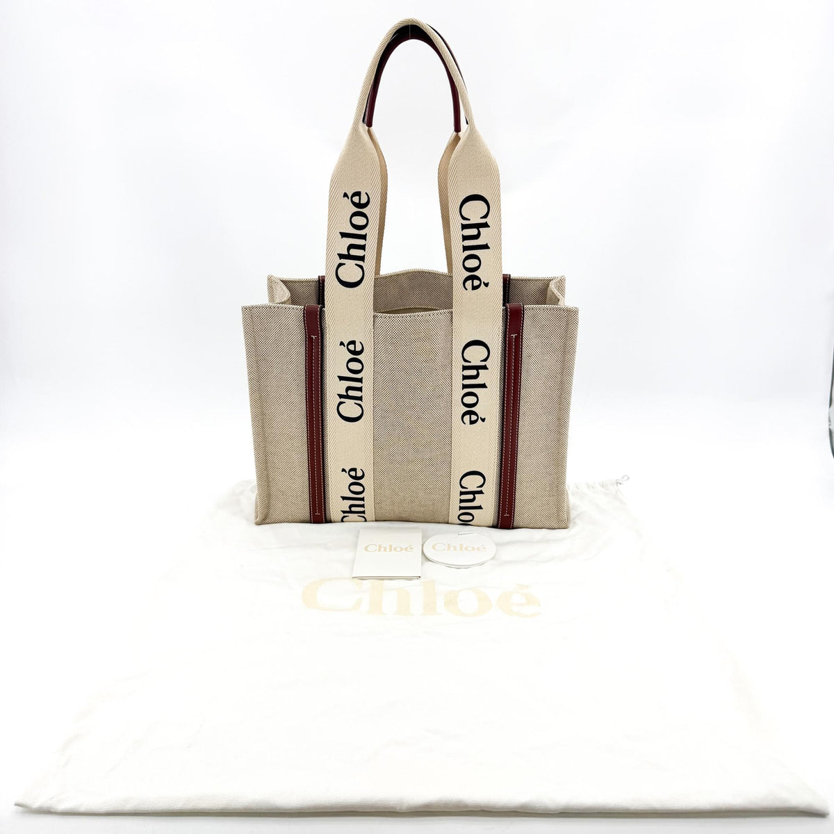 Chloe Woody Tote Canvas with Leather, Beige, Canvas, Handbag