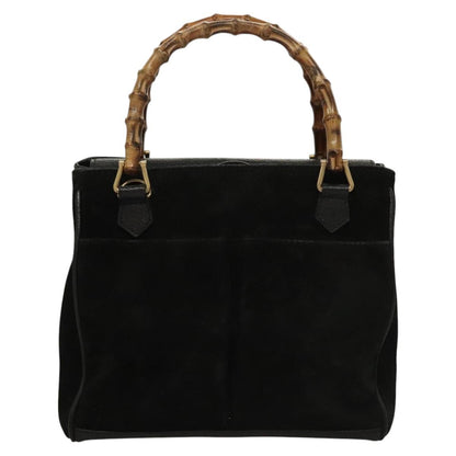 Gucci Vintage Bamboo Front Pocket Tote Suede, BLACK, SUEDE, Handbag