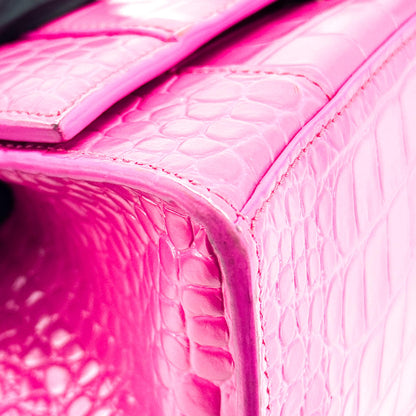 Balenciaga Hourglass Top Handle Crocodile Embossed Leather, Pink, Leather, Handbag