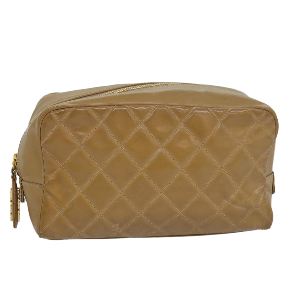 Chanel Square Stitch Toiletry Lambskin, Beige, Leather, Clutch