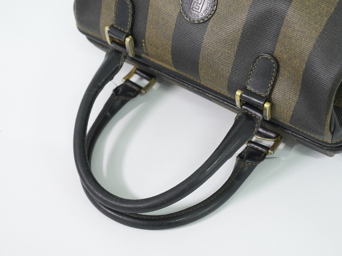 Fendi Vintage Pequin Convertible Boston Coated Canvas, Khaki, Canvas, Handbag