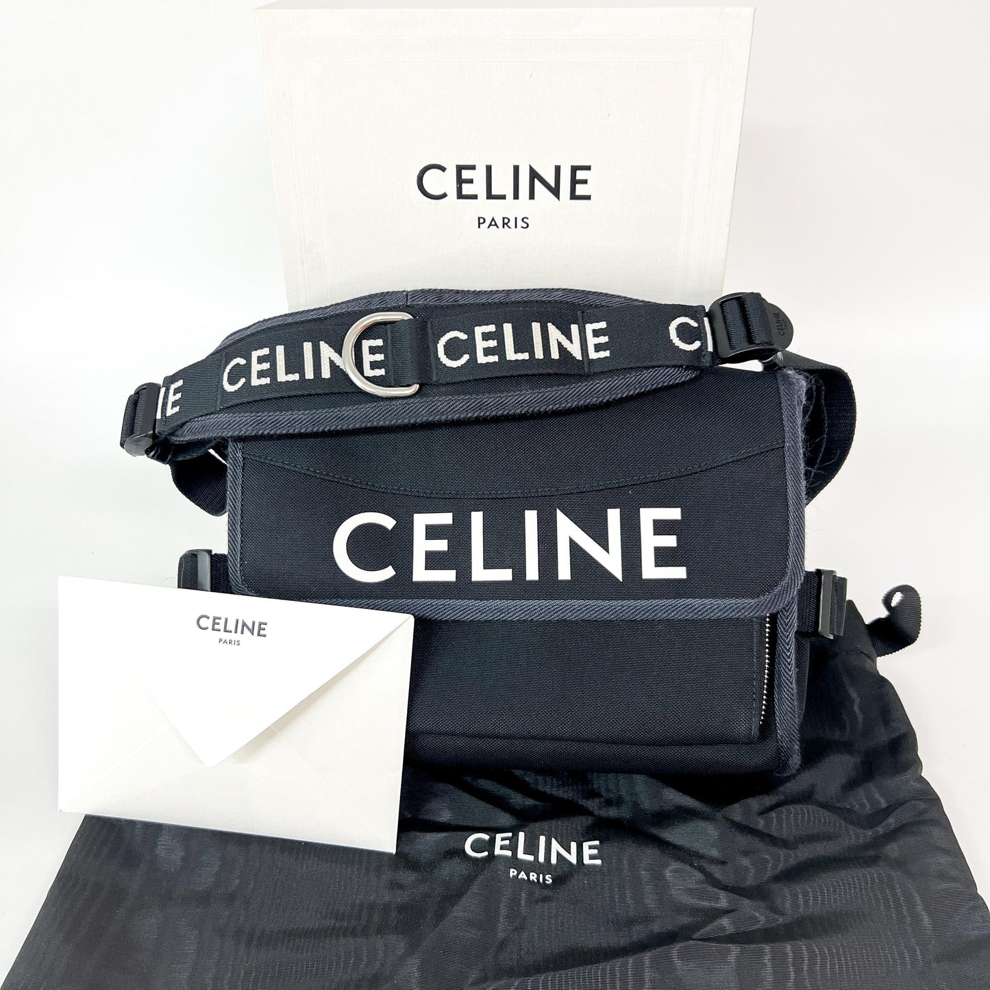 Celine Logo Trekking Messenger Bag Nylon, Black, Nylon, Crossbody Bag