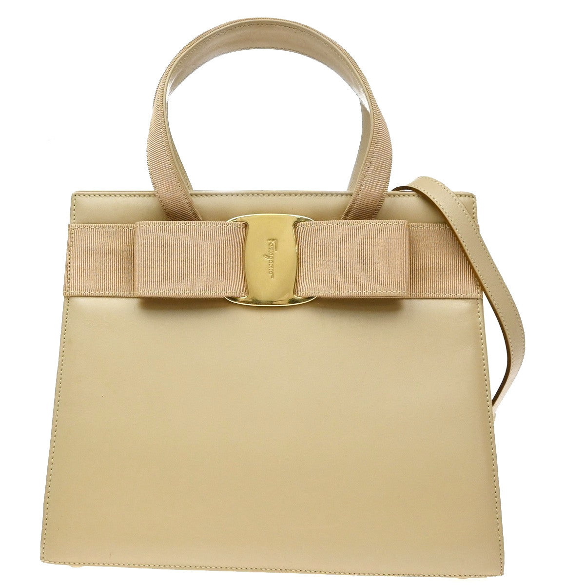 Salvatore Ferragamo Convertible Vara Bow Leather, Beige, Leather, Tote Bag