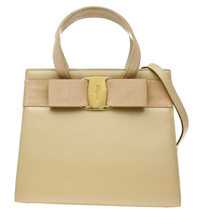 Salvatore Ferragamo Convertible Vara Bow Leather, Beige, Leather, Tote Bag