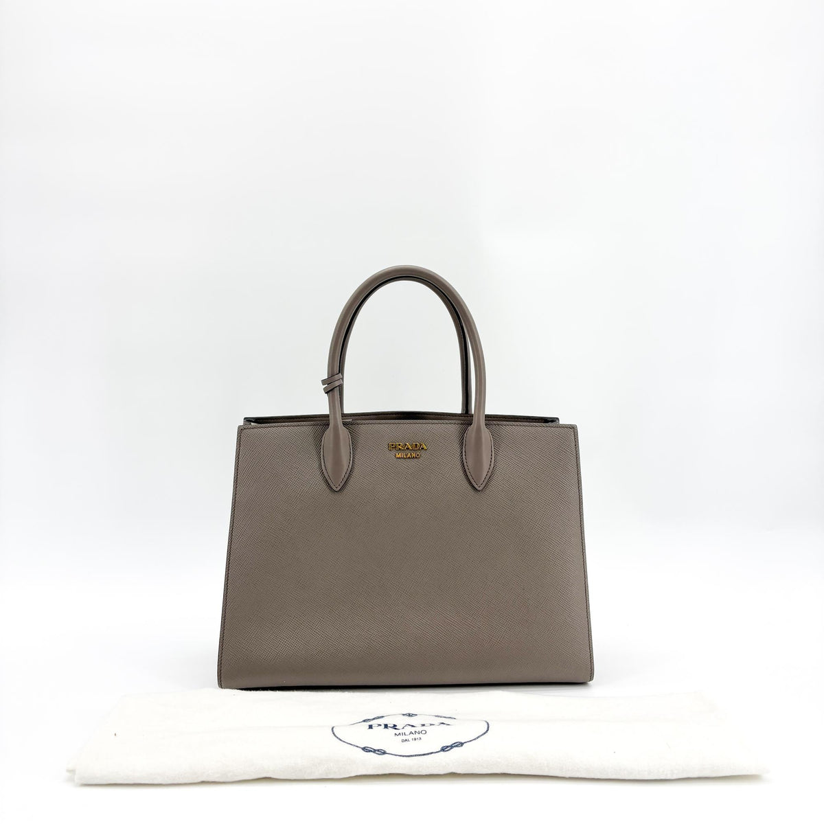 Prada Side Pleat Saffiano Leather, Gray, Leather, Tote Bag