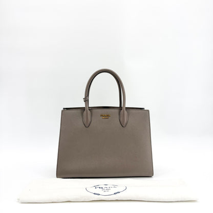 Prada Side Pleat Saffiano Leather, Gray, Leather, Tote Bag