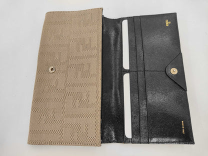 Fendi Logo Continental Leather, Beige, Canvas, Wallet