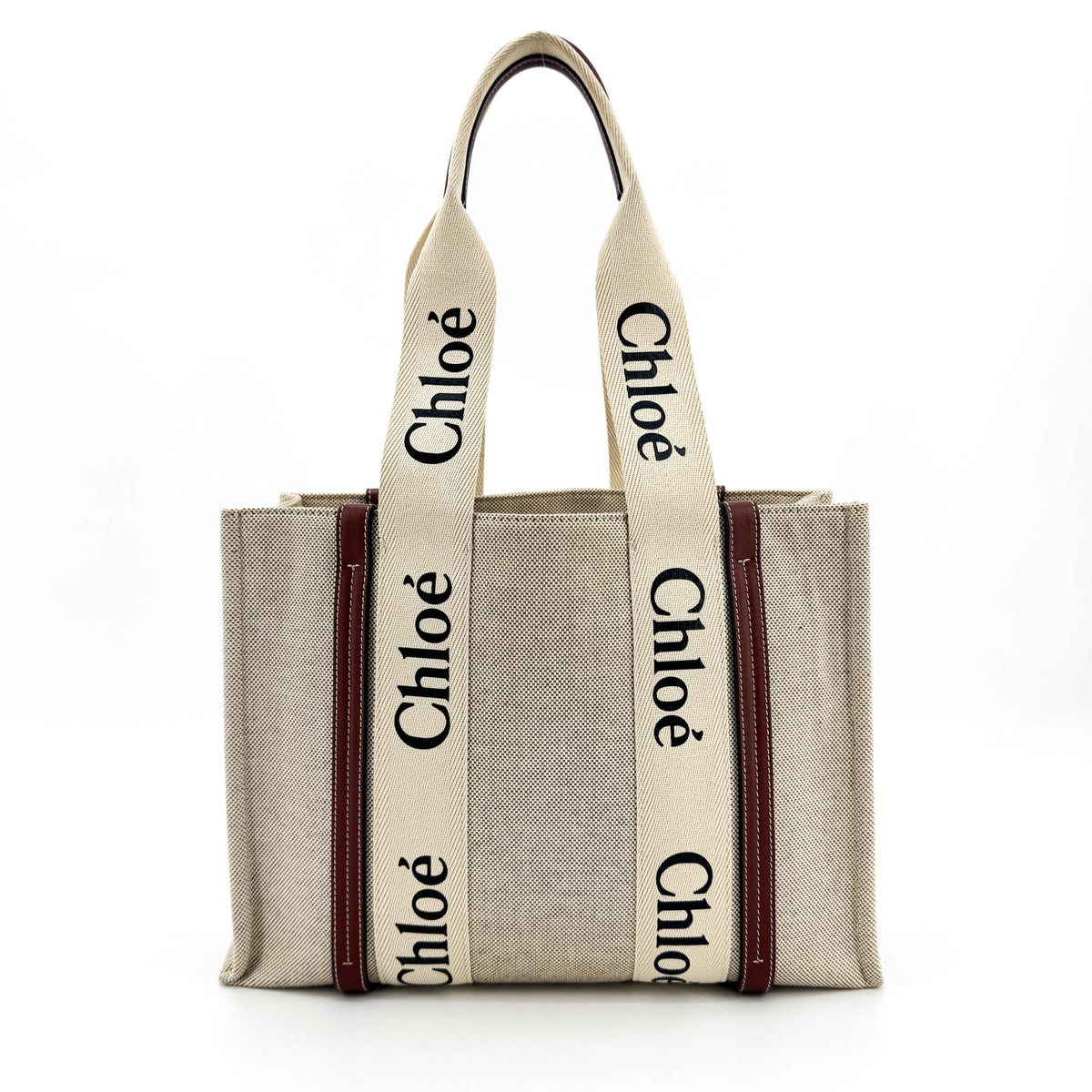 Chloe Woody Tote Canvas with Leather, Beige, Canvas, Handbag