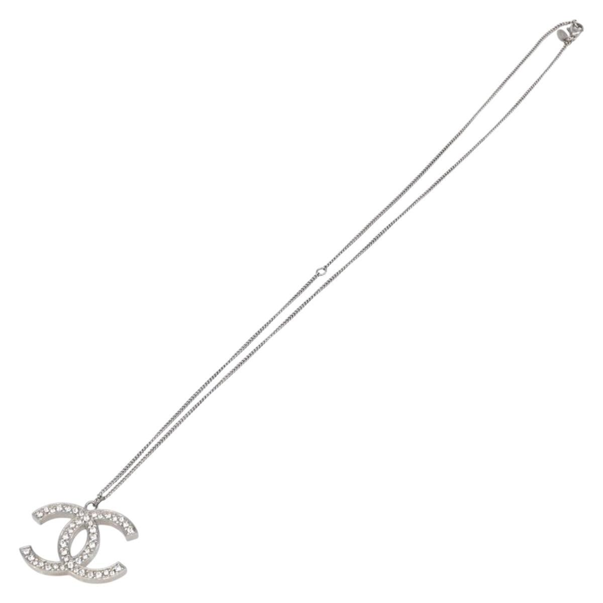 Chanel CC Pendant Metal with Crystals, Silver, Metal, Necklace