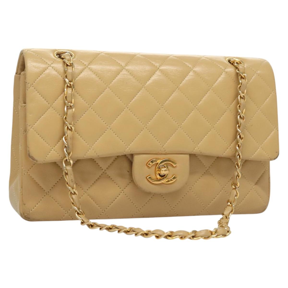 Chanel Vintage Classic Double Flap Bag Quilted Lambskin, BEIGE, LEATHER, Shoulder bag