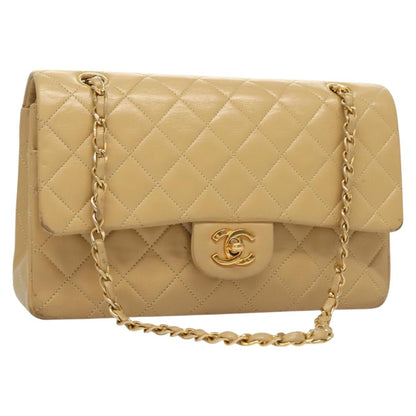 Chanel Vintage Classic Double Flap Bag Quilted Lambskin, BEIGE, LEATHER, Shoulder bag