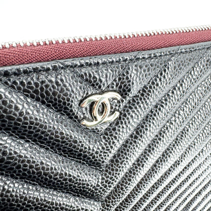 Chanel Charm O Case Chevron Lambskin, Black, Leather, Clutch