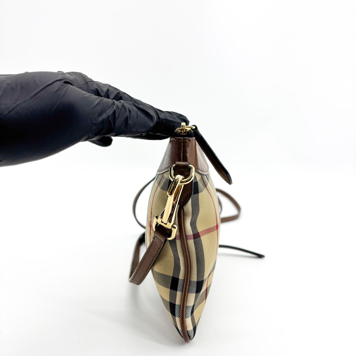 Burberry Peyton Crossbody Clutch Haymarket Coated Canvas, Brown, Canvas, Crossbody Bag