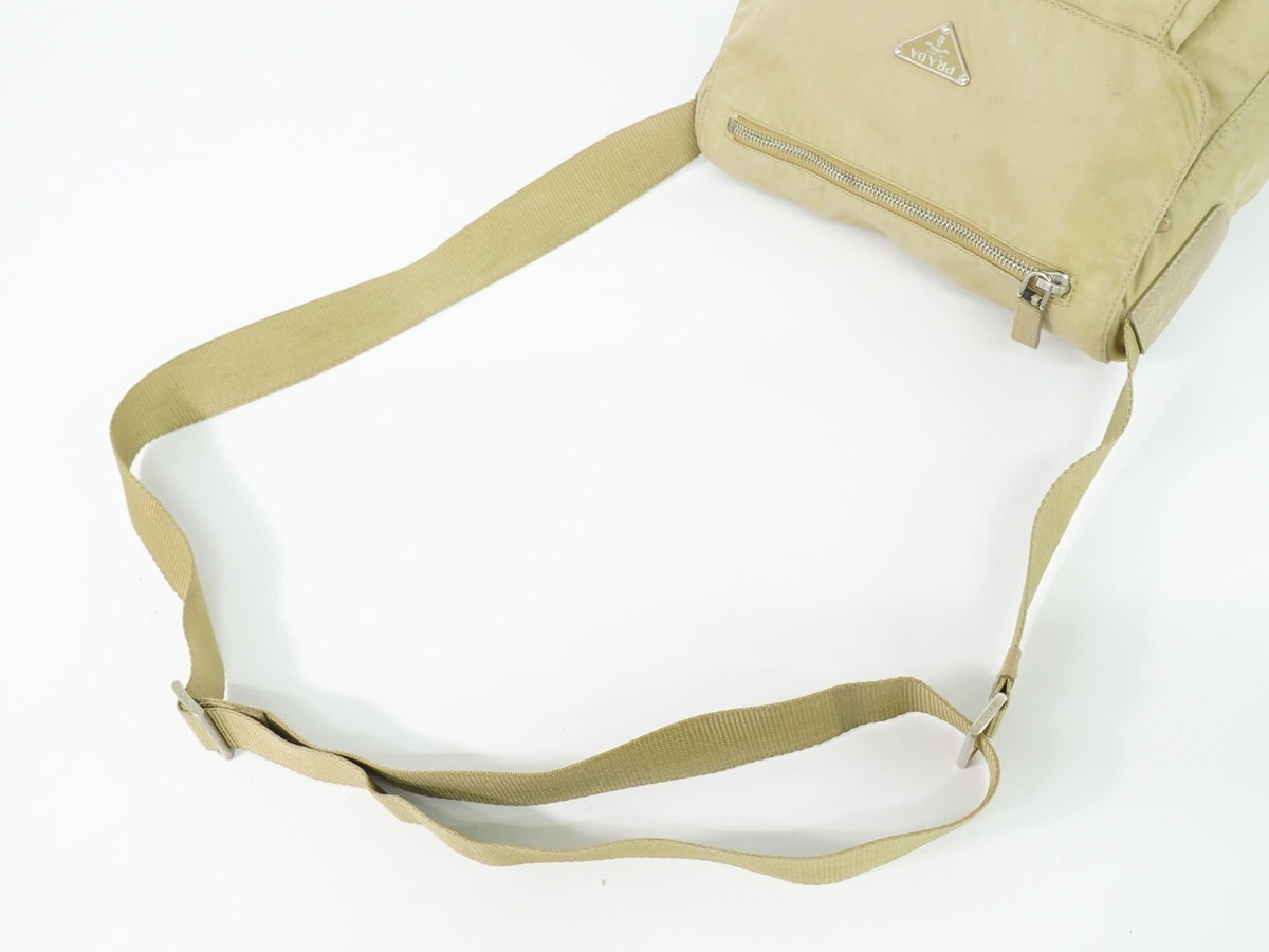 Prada Buckle Messenger Tessuto, Beige, Nylon, Shoulder Bag