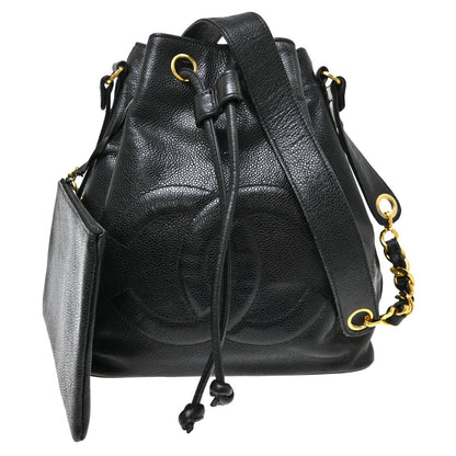 Chanel Vintage CC Drawstring Chain Leather, Black, Leather, Shoulder Bag