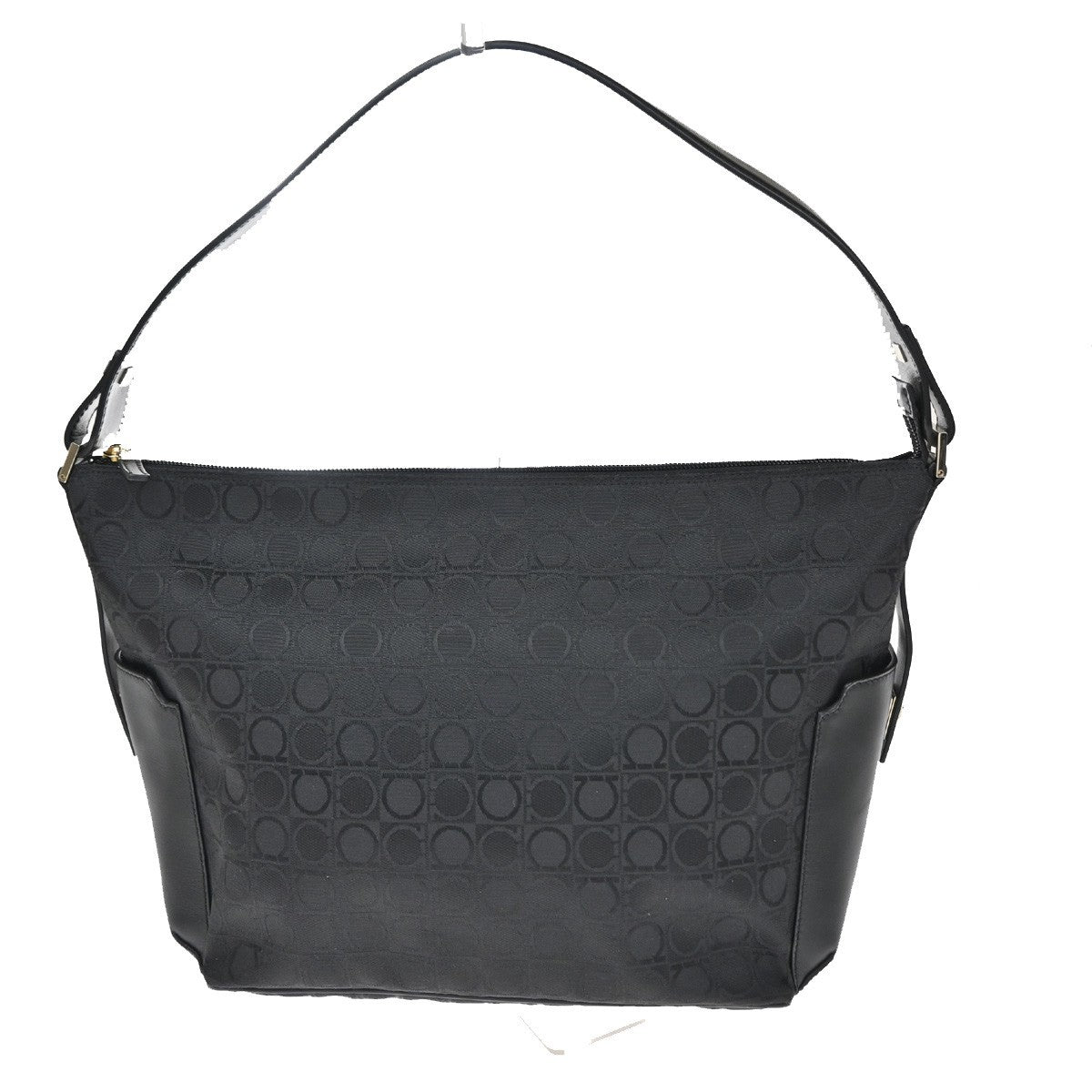 Salvatore Ferragamo Gancini Zip Leather, Black, Canvas, Tote Bag