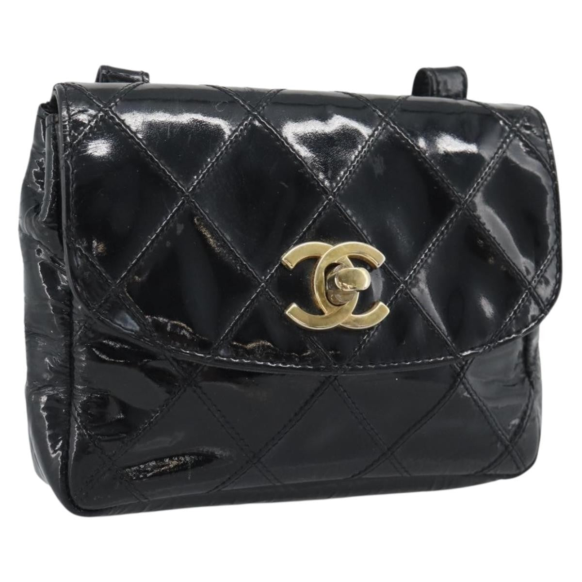 Chanel CC Flap Belt Quilted Lambskin, Black, Patent Leather, Clutch
