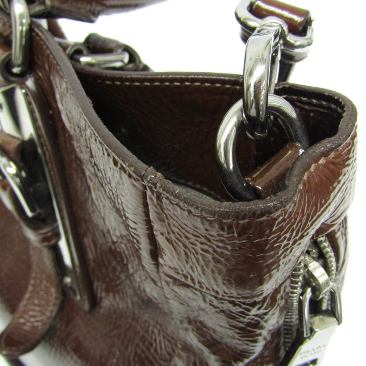 Prada Convertible Zippers Vernice Sfumata, Brown, Patent Leather, Tote Bag