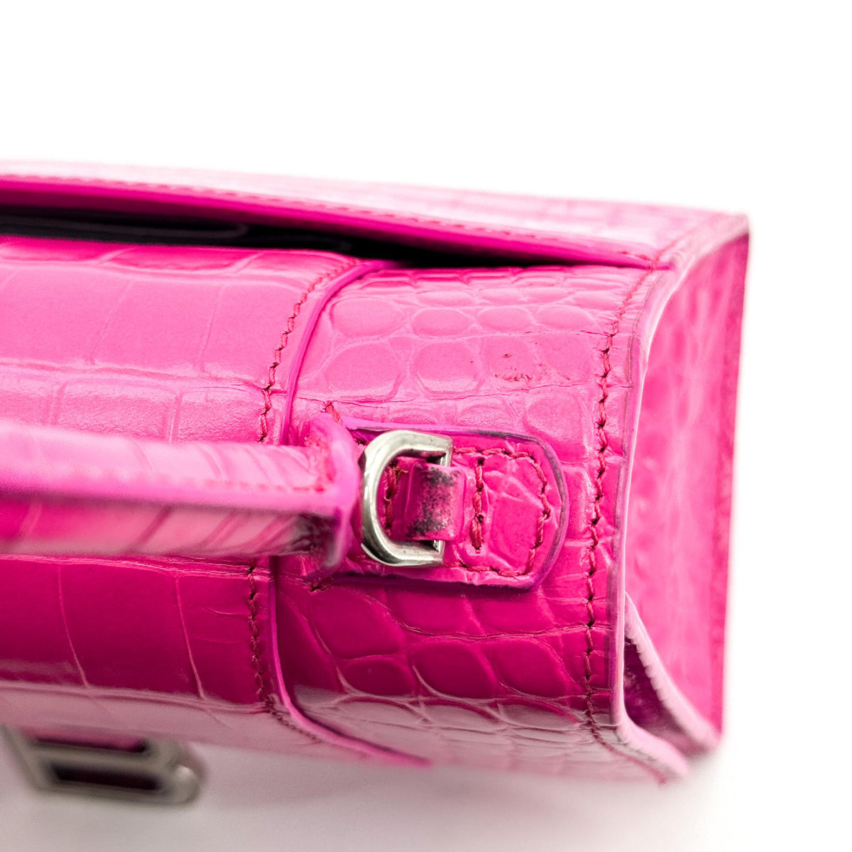 Balenciaga Hourglass Top Handle Crocodile Embossed Leather, Pink, Leather, Handbag