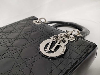 Christian Dior Lady Dior Patent, Black, Patent Leather, Handbag