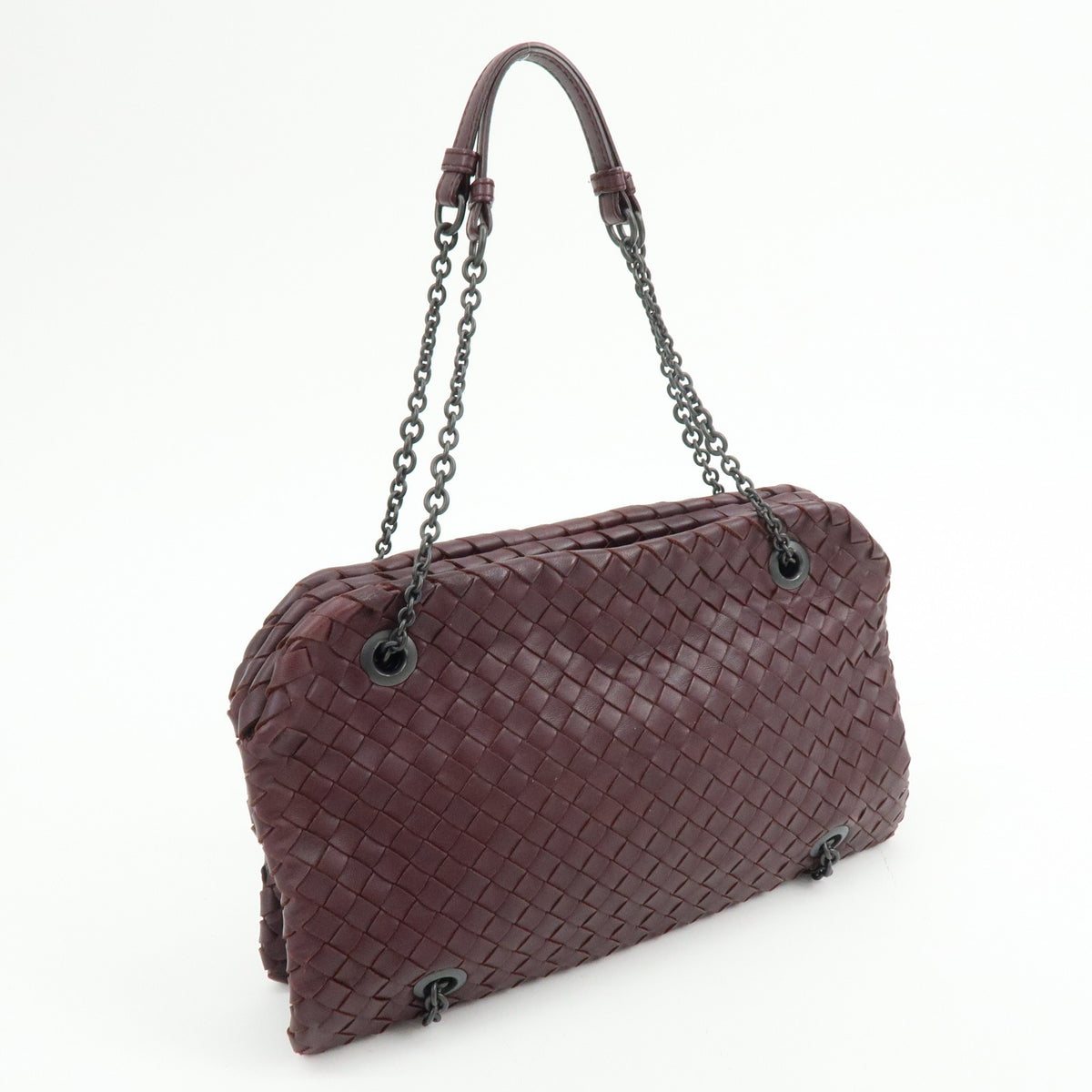 Bottega Veneta Double Chain Intrecciato Nappa, Burgundy, Leather, Tote Bag