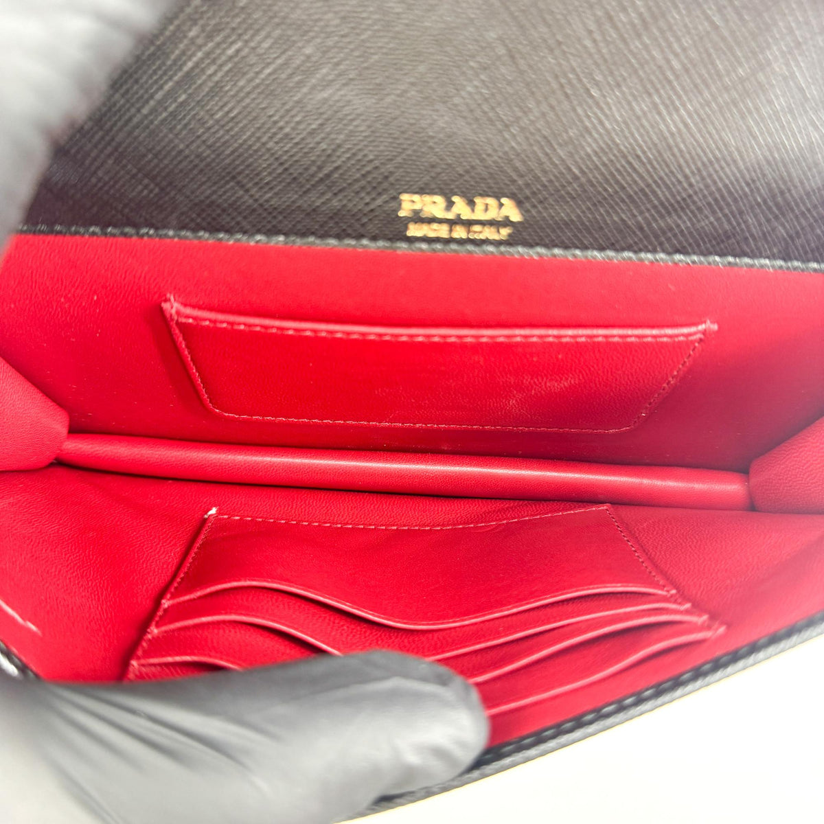 Prada Flap Card Case on Chain Saffiano Leather, Black, Leather, Card Holder