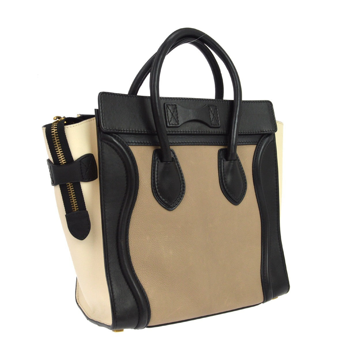 Celine Tricolor Luggage Leather, Beige, Leather, Handbag