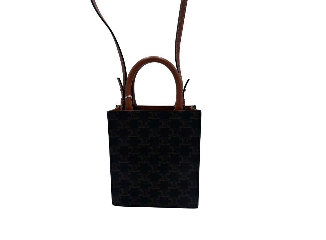 Celine Sulky Vertical Cabas Tote Canvas with Leather, BROWN, LEATHER, Tote bag