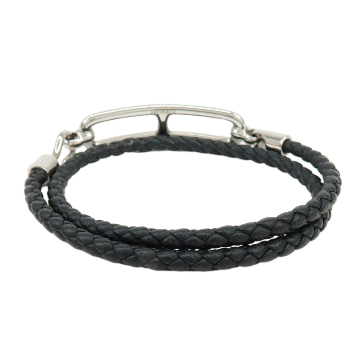 Hermes Roulis Double Tour Braided Leather, Black, Leather, Bracelet