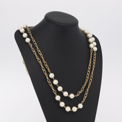 Chanel Vintage Double Pearl Station Long Chain Metal and Faux Pearls, Gold, Gold Plated, Necklace