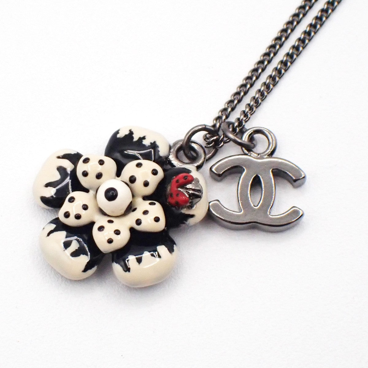Chanel CC Flower Ladybug Silver Plated and Acrylic, Silver, Metal, Necklace