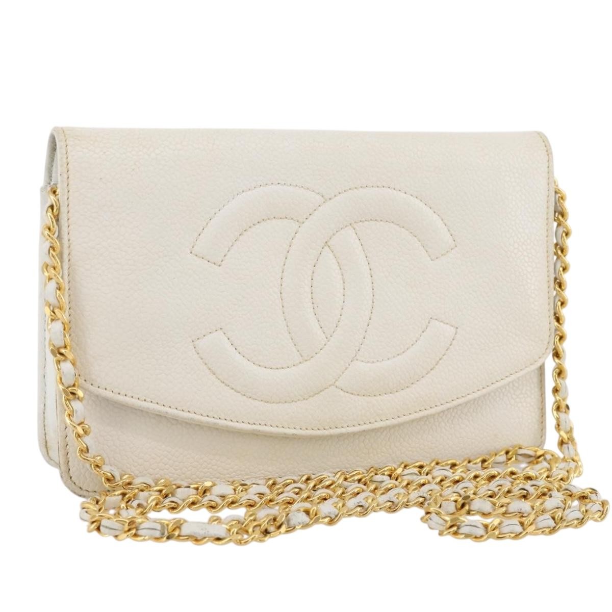 Chanel Vintage Timeless Wallet on Chain Caviar, White, Leather, Crossbody Bag