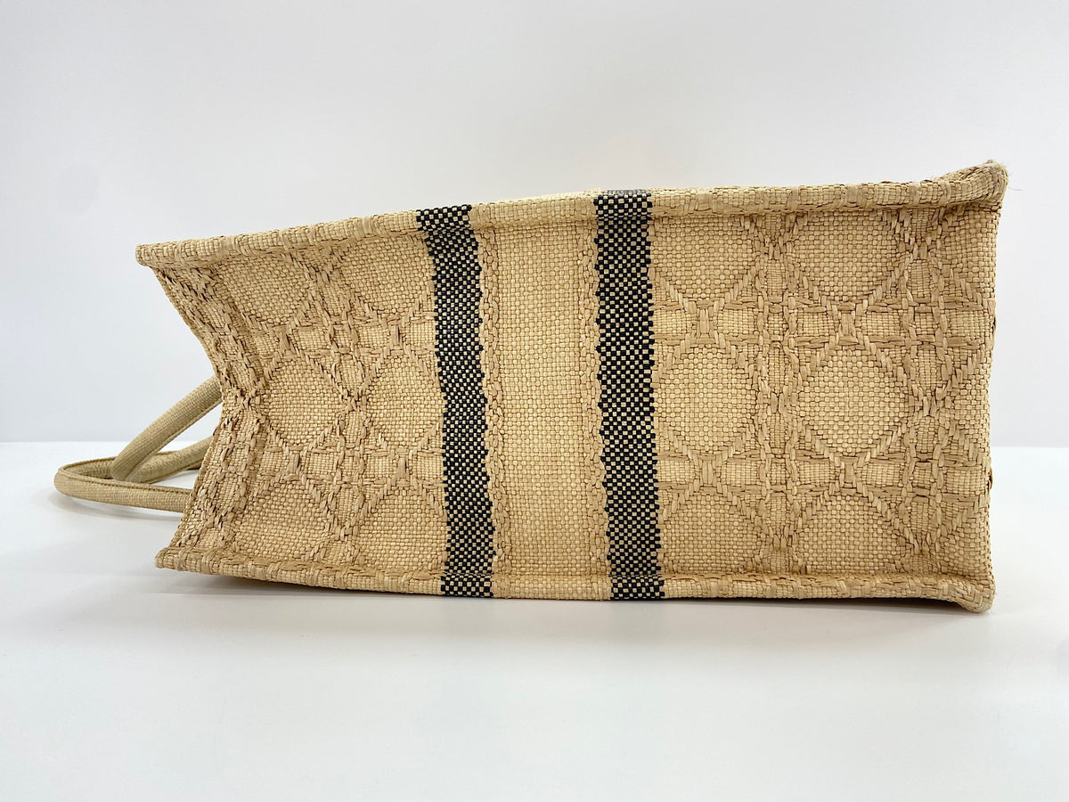 Christian Dior Book Cannage Embroidered Raffia, Beige, Canvas, Tote Bag