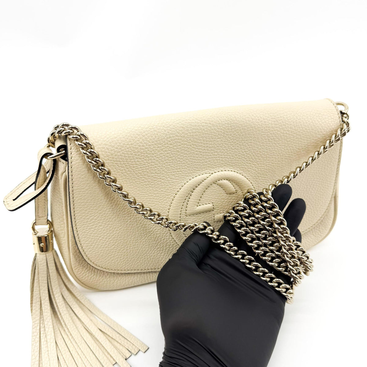 Gucci Soho Chain Leather, Beige, Leather, Crossbody Bag