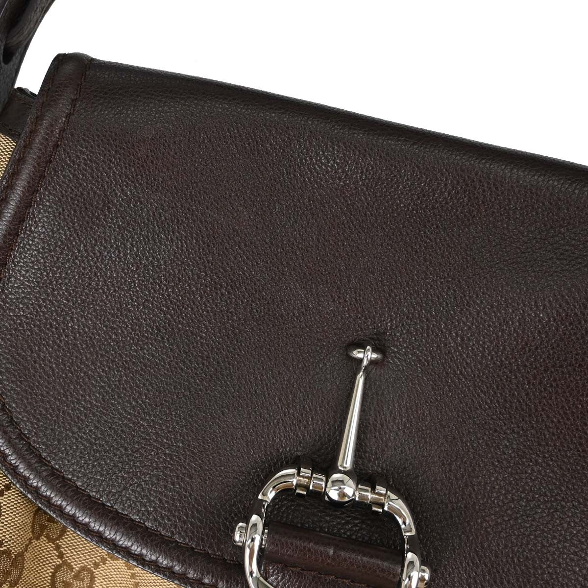 Gucci Techno Horsebit Flap Hobo Leather, Beige, Canvas, Shoulder Bag