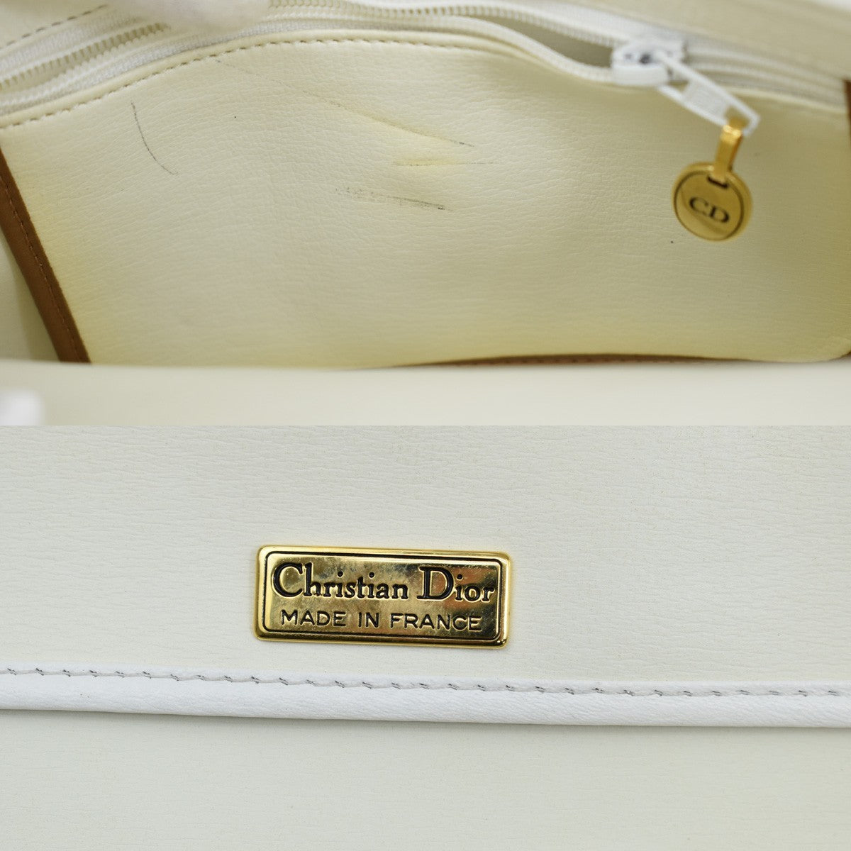 Christian Dior Vintage CD Flap Leather, White, Leather, Shoulder Bag