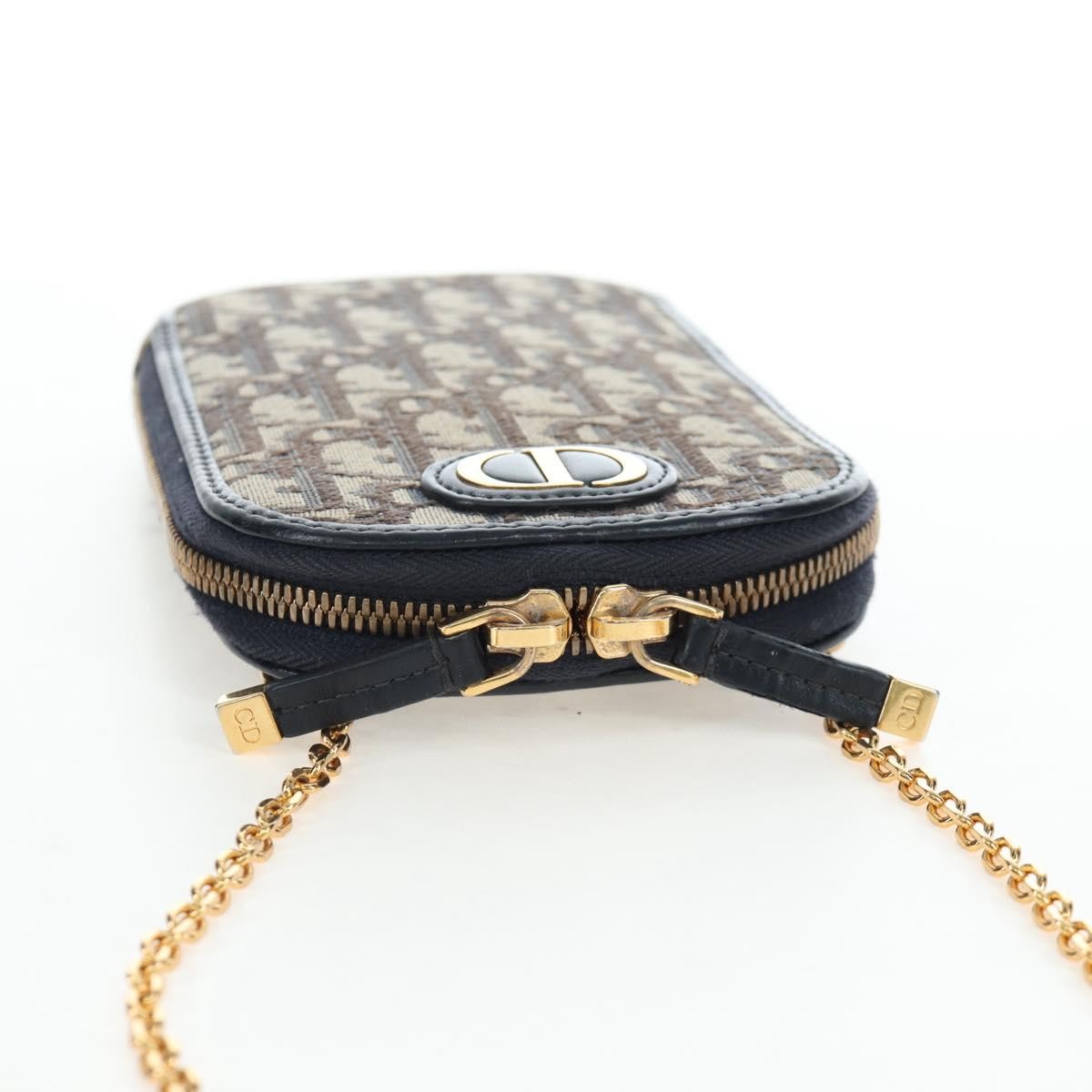 Christian Dior 30 Montaigne Phone Holder on Chain Oblique Canvas, Navy, Canvas, Crossbody Bag